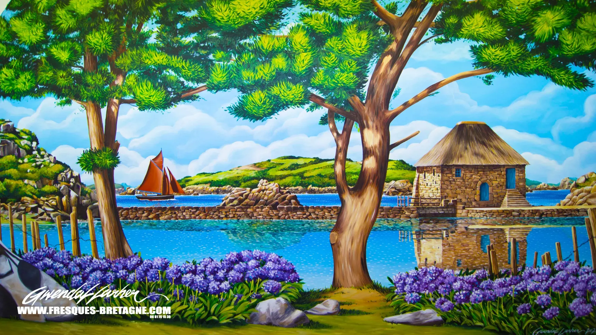 détail peinture murale: Archipel de Bréhat, moulin du birlot, pins maritimes et fleurs d'agapanthes